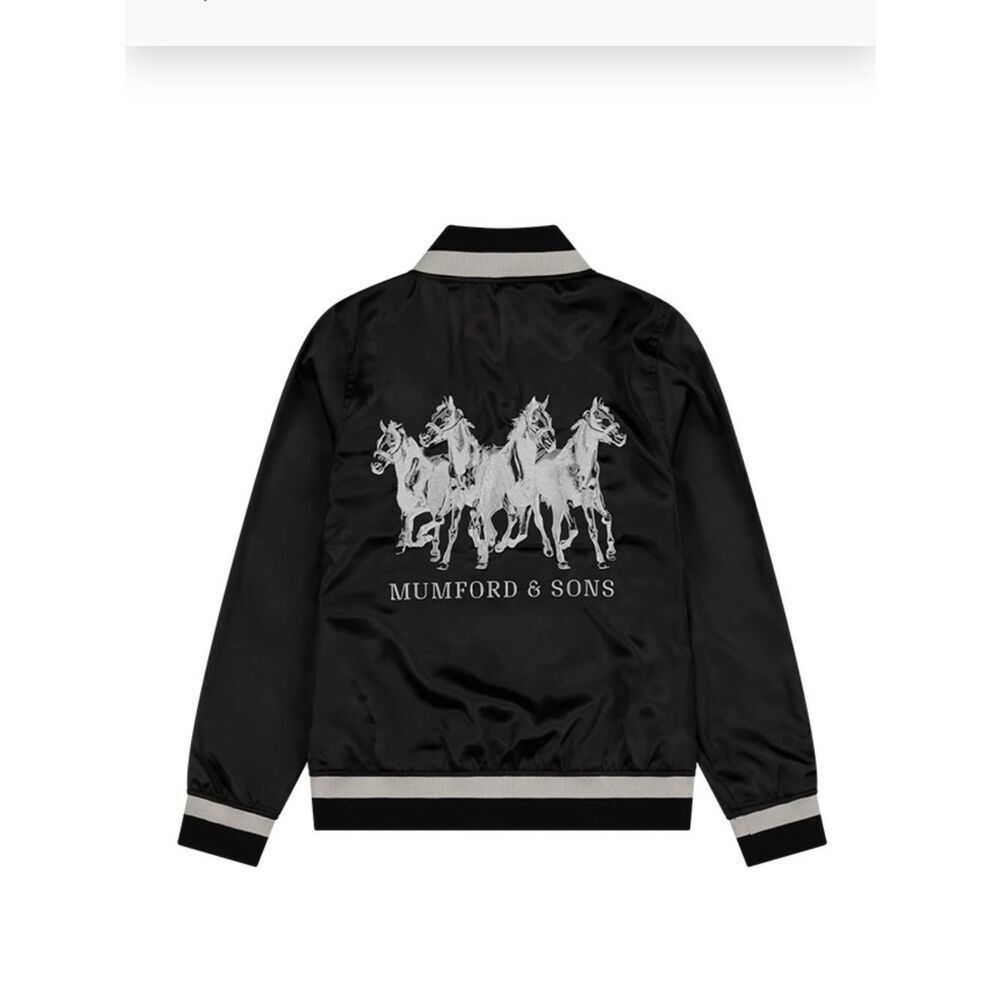 MUMFORD AND SONS Black Satin Bomber Jacket with Horse Graphic Vintage NWOT